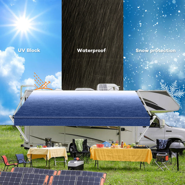 16 Foot Navy Blue And White Gradient Canopy, PVC RV Sunshade Canopy Fabric