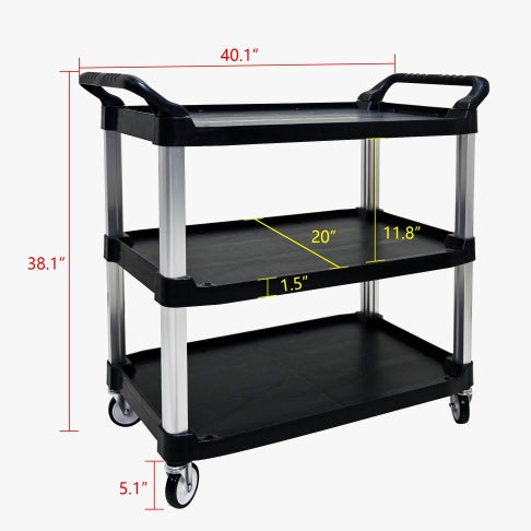 Plastic Commercial Cart Large Size, Restaurant Cart With Wheels Lockable, Heavy Duty Utility Service Cart For Foodservice, Commercial,Office, Warehouse, Black, 40.1x20.0x38.1 Inches.