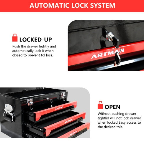 20 Portable 3 Drawer Steel Tool Box With Metal Latch Closure, Black Red