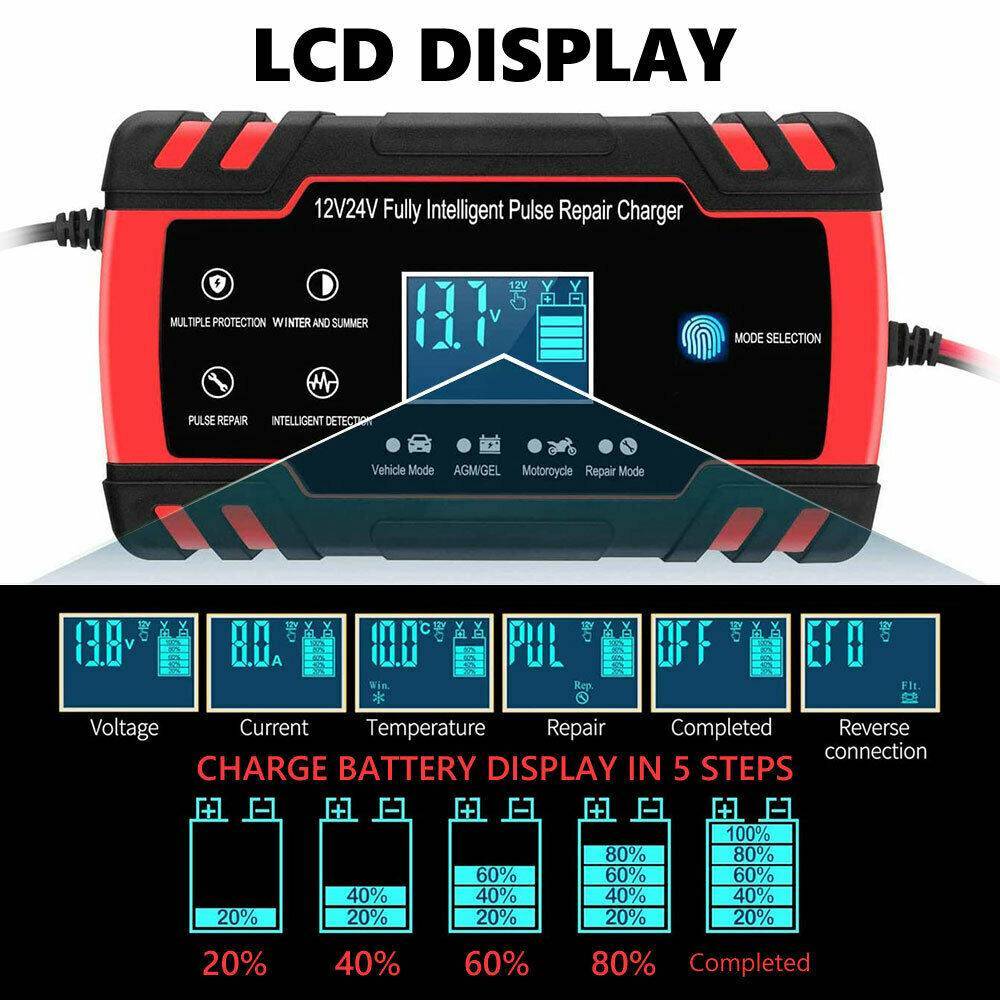 12V-24V Car Battery Charger Trickle Smart Pulse Repair Boat Caravan Motorcycle