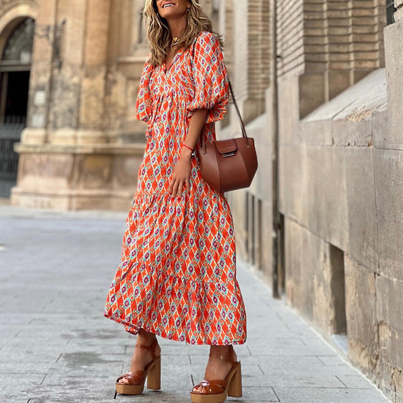 Robe d'été bohème imprimée vintage pour femmes, élégante, décontractée, ample, col en V, manches courtes, longues