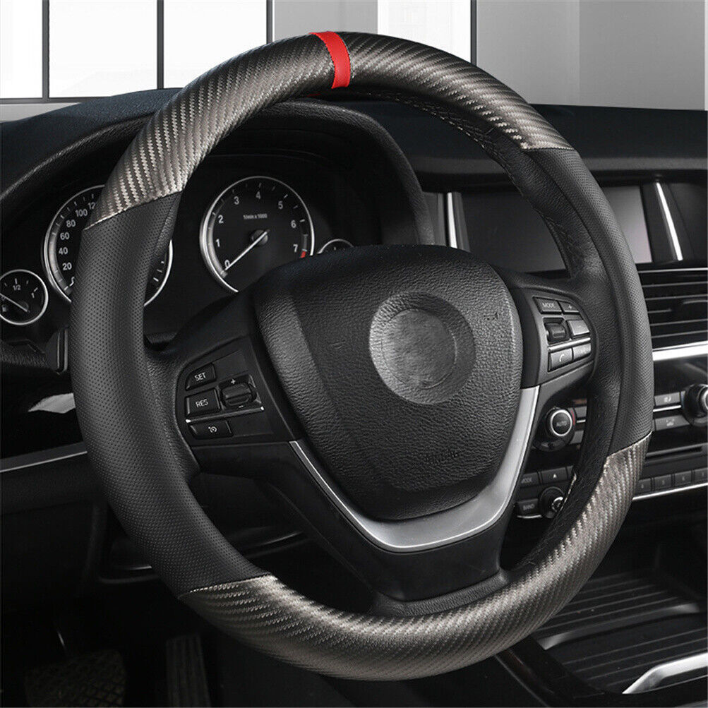 Carbon Fiber Perforated Leather Car Steering Wheel Cover 38cm Universal Interior