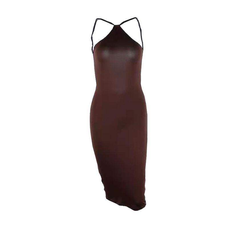 Robe longue sans manches à col licou de couleur unie