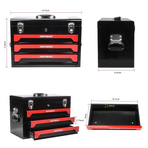 20 Portable 3 Drawer Steel Tool Box With Metal Latch Closure, Black Red