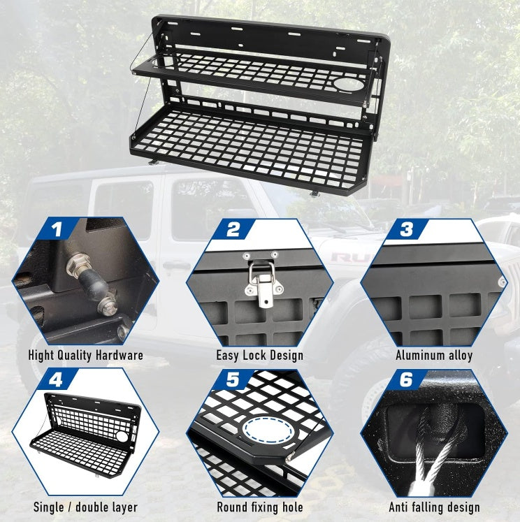 2-Tier Tailgate Table Rear Foldable Storage Cargo Rack Outdoor Camping Desk For 2007-2022 Jeep Wrangler JK&JL 4 Door