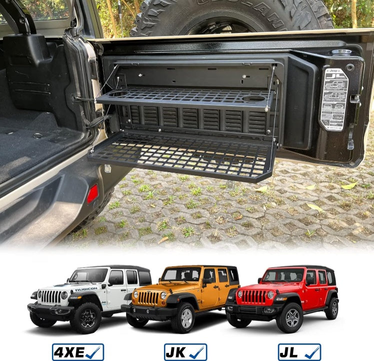 2-Tier Tailgate Table Rear Foldable Storage Cargo Rack Outdoor Camping Desk For 2007-2022 Jeep Wrangler JK&JL 4 Door