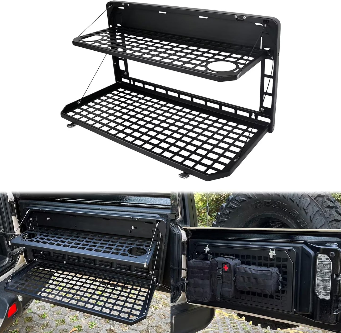 2-Tier Tailgate Table Rear Foldable Storage Cargo Rack Outdoor Camping Desk For 2007-2022 Jeep Wrangler JK&JL 4 Door