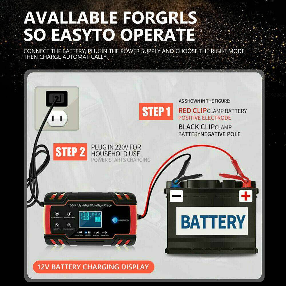 12V-24V Car Battery Charger Trickle Smart Pulse Repair Boat Caravan Motorcycle