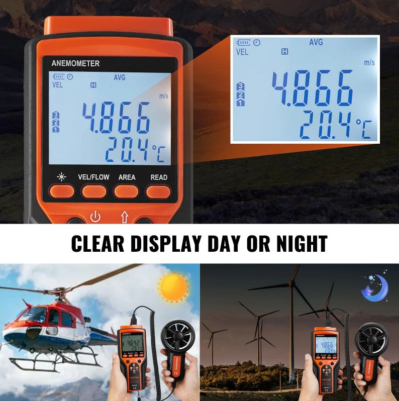 Split Handheld Anemometer, Digital Wind Speed CFM Meter Gauge With LED Backlight Screen, Measures Wind Velocity Wind Temperature Air Flow Wind Chill, For Sailing Surfing Flying HVAC