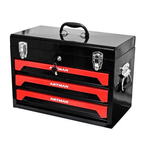 20 Portable 3 Drawer Steel Tool Box With Metal Latch Closure, Black Red