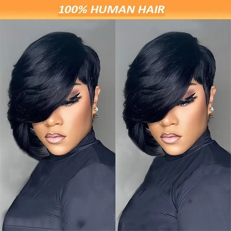 Straight Black Elegant 8 PixieCut Wig For Women -Glueless Human Hairwith Long Bangs, Everyday Style Wig L SleekShort Wig Wig Accessories