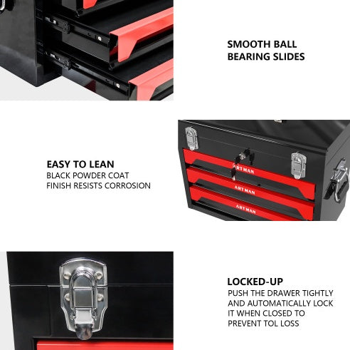 20 Portable 3 Drawer Steel Tool Box With Metal Latch Closure, Black Red