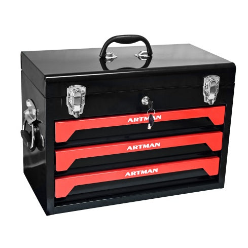 20 Portable 3 Drawer Steel Tool Box With Metal Latch Closure, Black Red