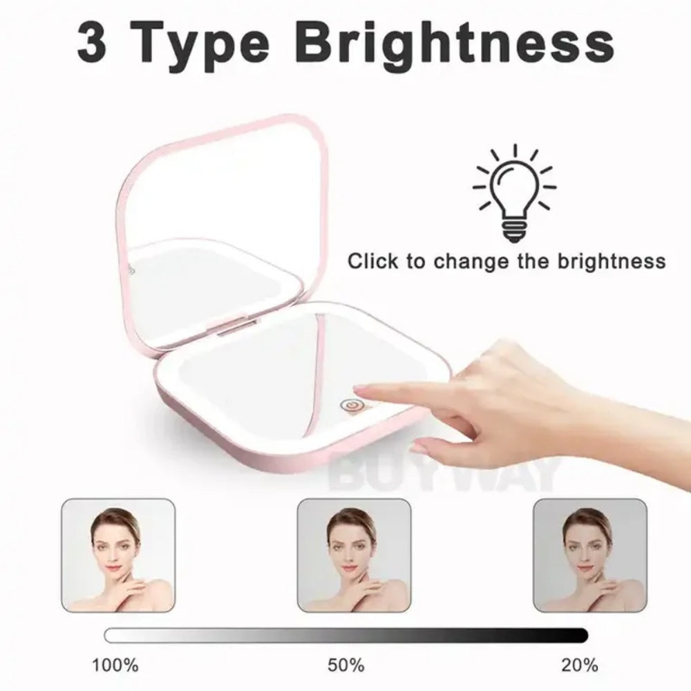 Pocet Makeup Mirror Touch Compact Led 3 Colors Mini Foldable Cosmetic Charge Makeup Mirror With Light Magnifying Small Pocket Travel