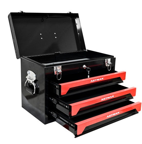 20 Portable 3 Drawer Steel Tool Box With Metal Latch Closure, Black Red