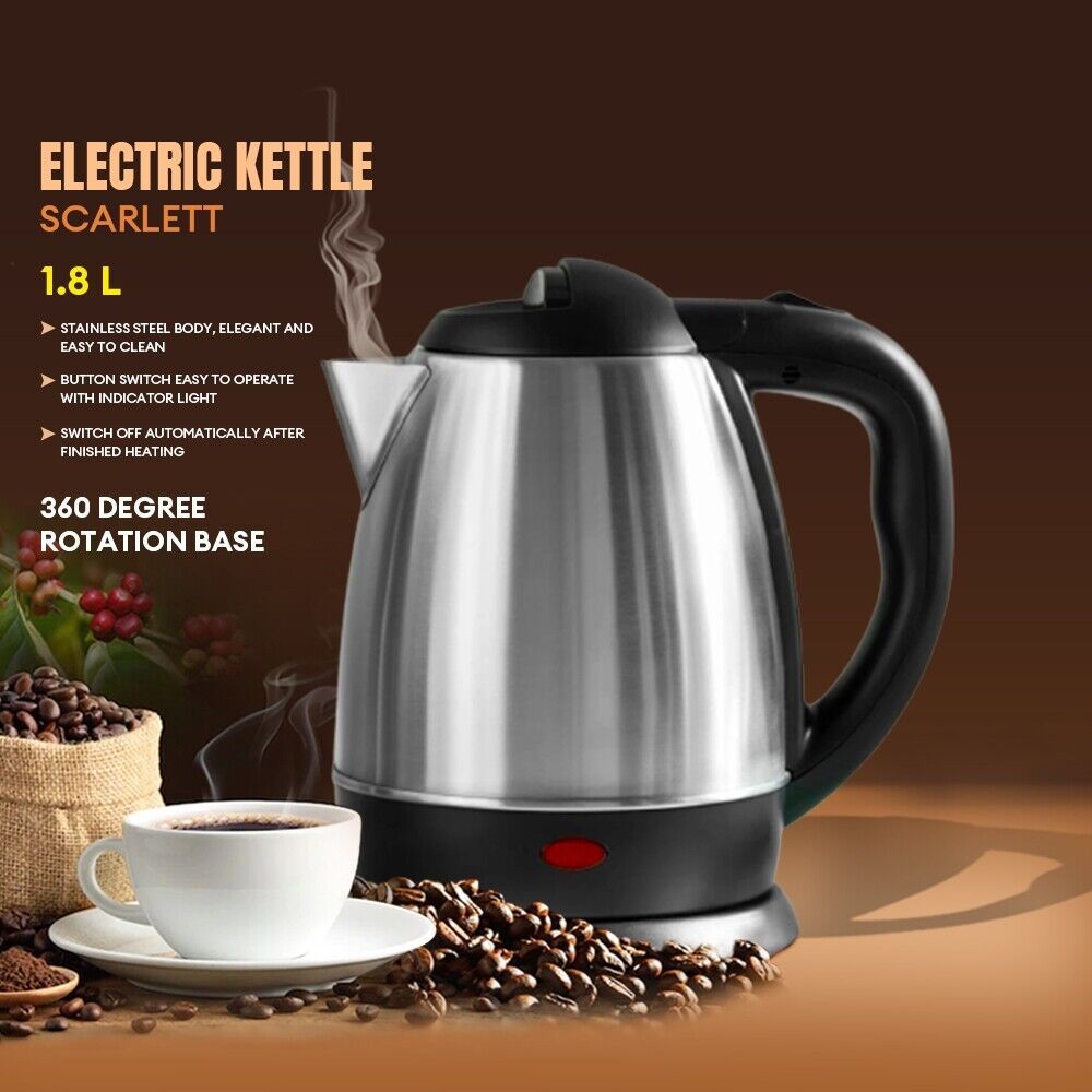Cordless Electric Kettle 1.8L 1500W Stainless Steel Jug Overheat Protection 360
