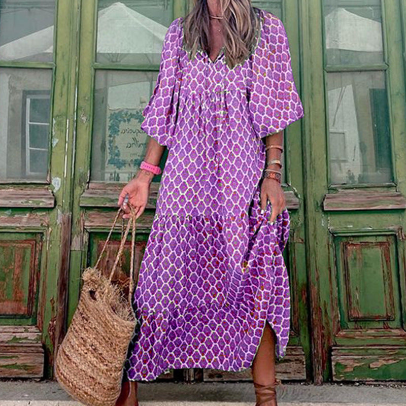 Robe d'été bohème imprimée vintage pour femmes, élégante, décontractée, ample, col en V, manches courtes, longues