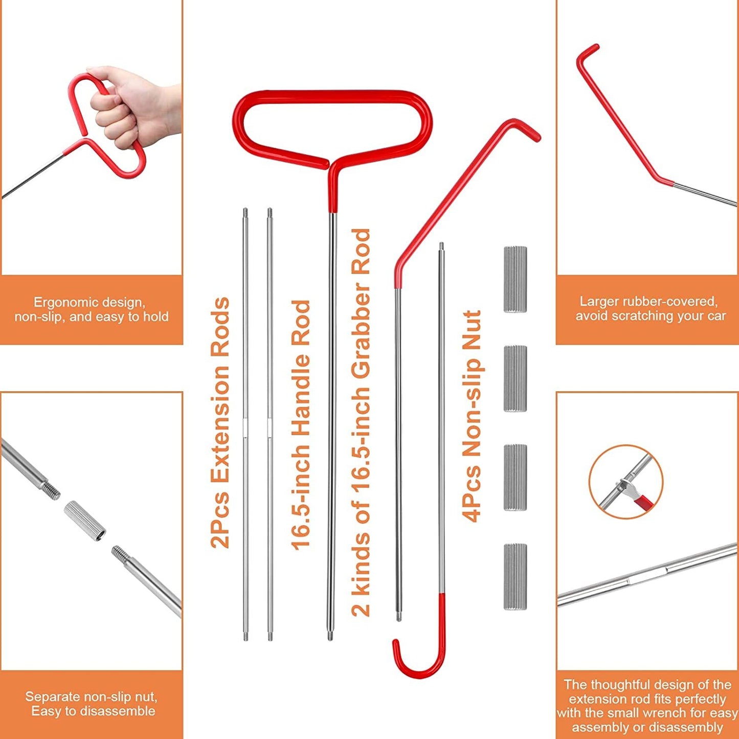 Stainless Steel Remote Hook Tool, Car Emergency Door Opening Tool Set, Oval Handle, Red Warping Piece Set, Wedge Airbag Wrench, Combination Tool