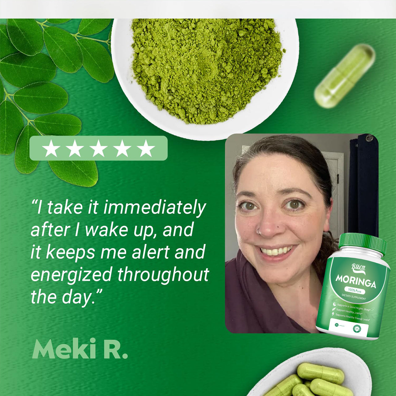 Pure Moringa Powder Capsules Of Nutrient-Rich Moringa - Natural Antioxidant Superfood - Promotes Energy, Skin Health, Gut Well-Being - With Essential Vitamins & Amino Acids 60 Count