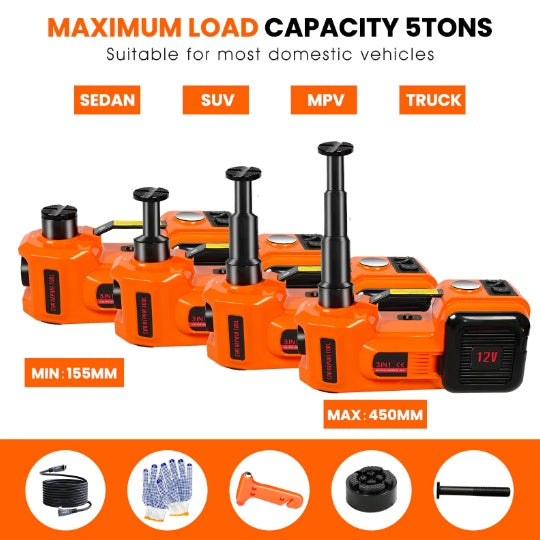 Electric Car Jack Kit,5 Ton 11023 LBS Hydraulic Jack Lift With Electric Impact Wrench,uilt In Inflatable Pump,and LED Light For SUV ,MPV Sedan,Chrome Vanadium Steel