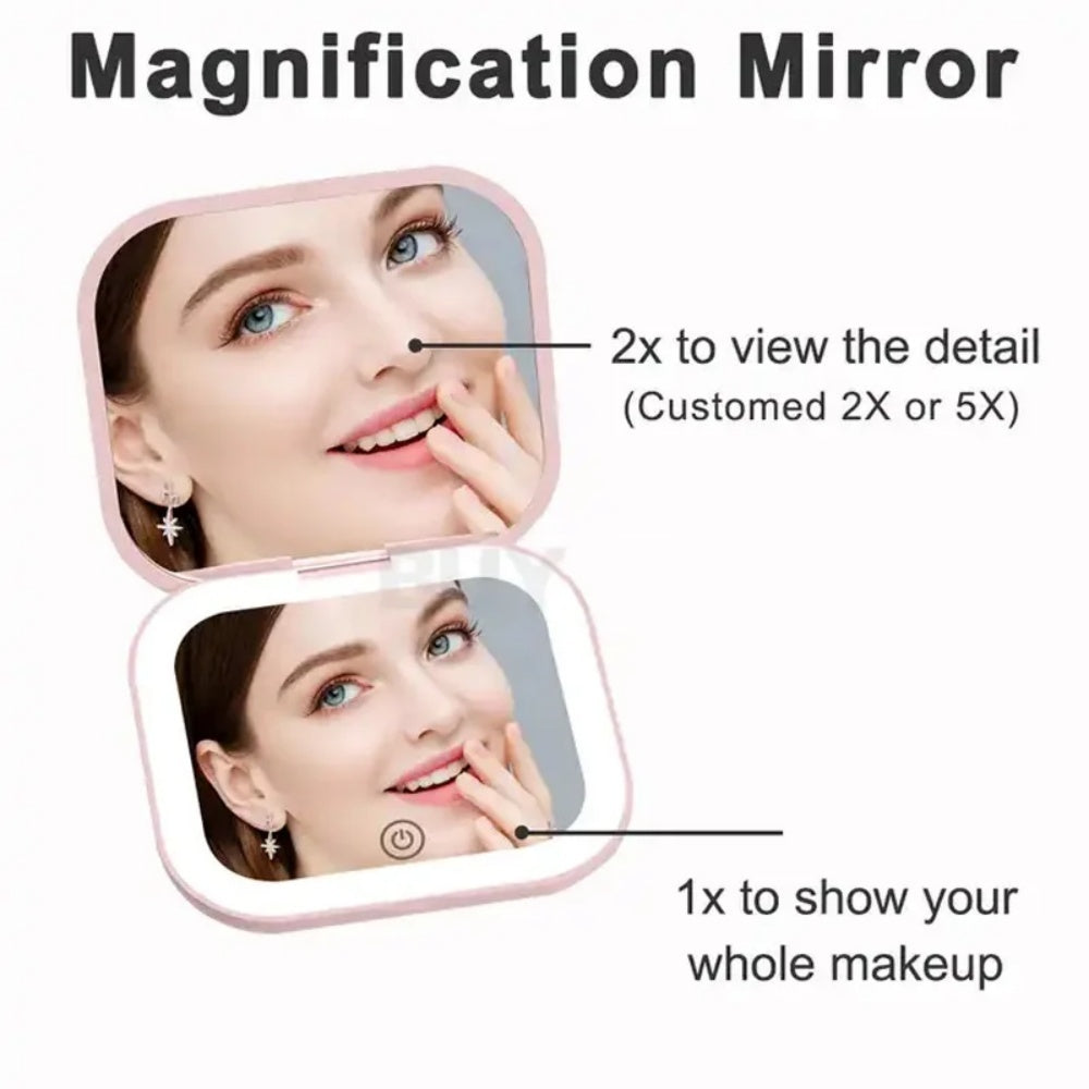 Pocet Makeup Mirror Touch Compact Led 3 Colors Mini Foldable Cosmetic Charge Makeup Mirror With Light Magnifying Small Pocket Travel