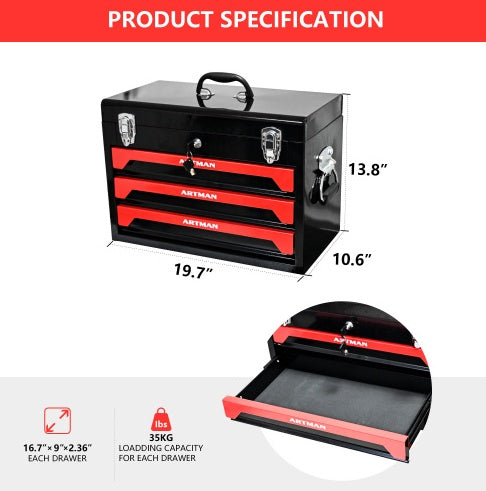 20 Portable 3 Drawer Steel Tool Box With Metal Latch Closure, Black Red