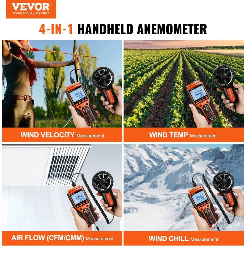 Split Handheld Anemometer, Digital Wind Speed CFM Meter Gauge With LED Backlight Screen, Measures Wind Velocity Wind Temperature Air Flow Wind Chill, For Sailing Surfing Flying HVAC