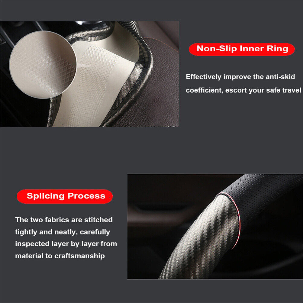 Carbon Fiber Perforated Leather Car Steering Wheel Cover 38cm Universal Interior