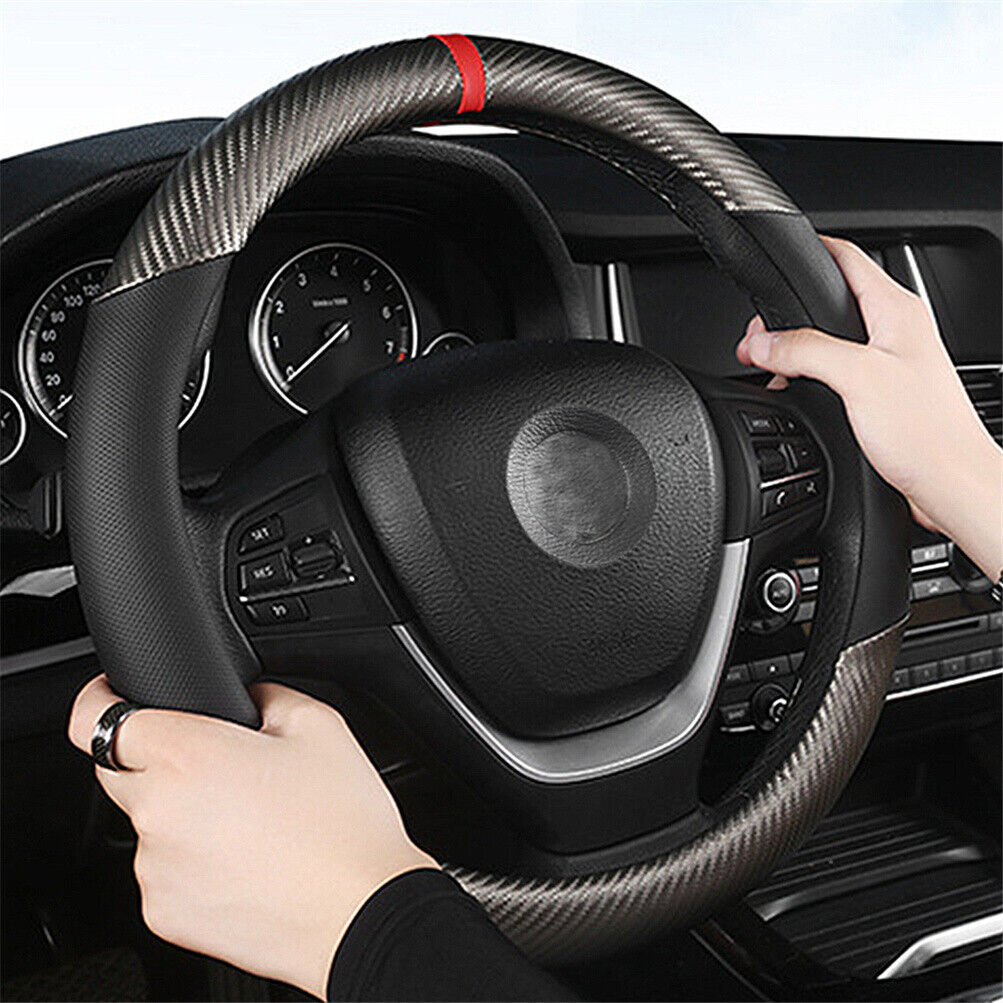 Carbon Fiber Perforated Leather Car Steering Wheel Cover 38cm Universal Interior