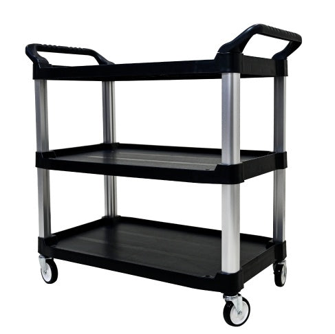 Plastic Commercial Cart Large Size, Restaurant Cart With Wheels Lockable, Heavy Duty Utility Service Cart For Foodservice, Commercial,Office, Warehouse, Black, 40.1x20.0x38.1 Inches.