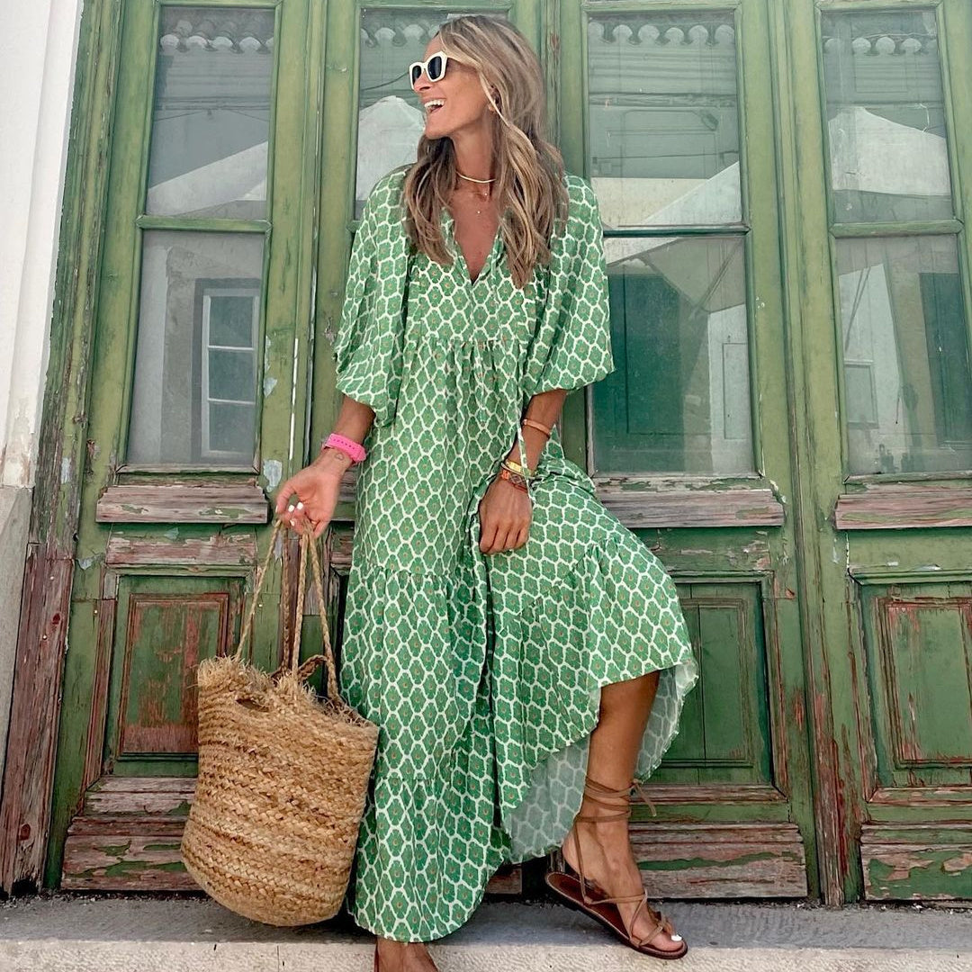 Robe d'été bohème imprimée vintage pour femmes, élégante, décontractée, ample, col en V, manches courtes, longues