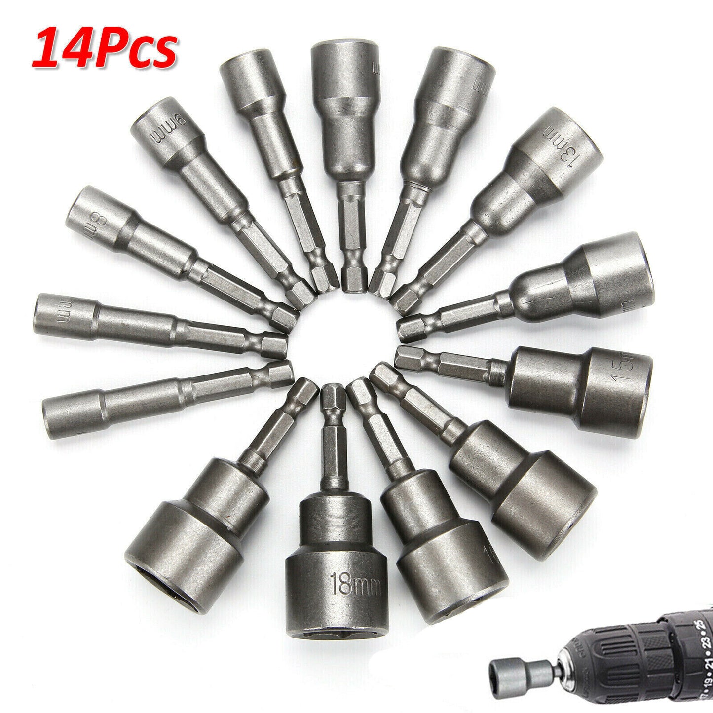 14 1-4 Nut Driver Bit Set Hex Magnetic Metric Socket Impact Drill 6 To 19MM UK