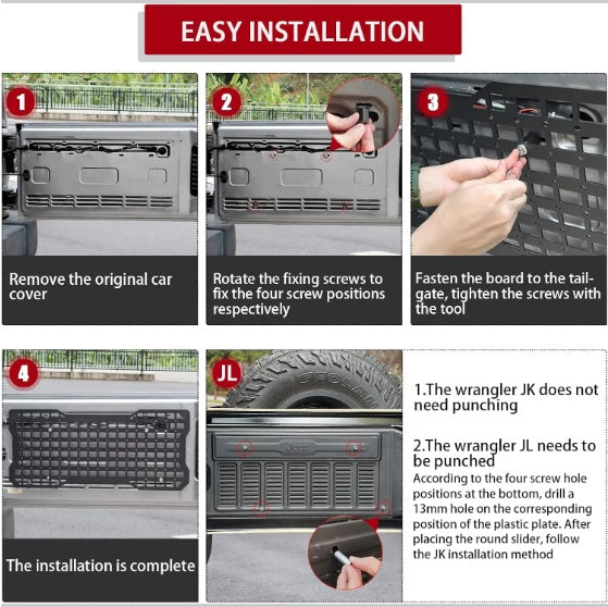 Panneau tactique de hayon pour kit d'outils de hayon Wrangler, supports de rangement compatibles avec Wrangler 2007-2022 JK JKU 2018-2022 JL JLU