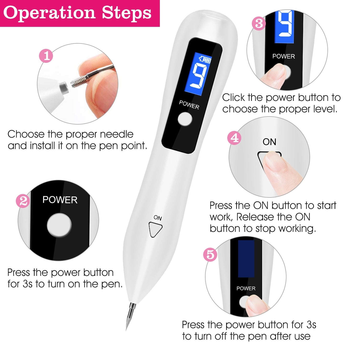 Skin Tag Repair Kit Portable Beauty Equipment Multi-Level With Home Usage USB Charging LCD Level Adjustable 6 Replaceable Needles