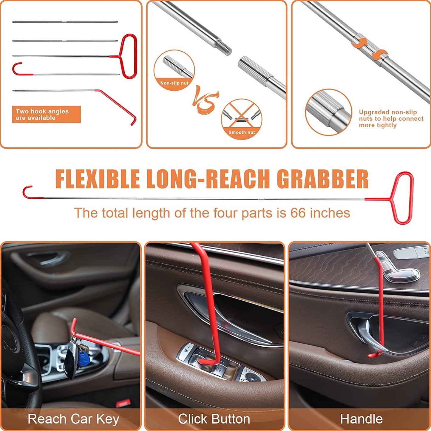 Stainless Steel Remote Hook Tool, Car Emergency Door Opening Tool Set, Oval Handle, Red Warping Piece Set, Wedge Airbag Wrench, Combination Tool