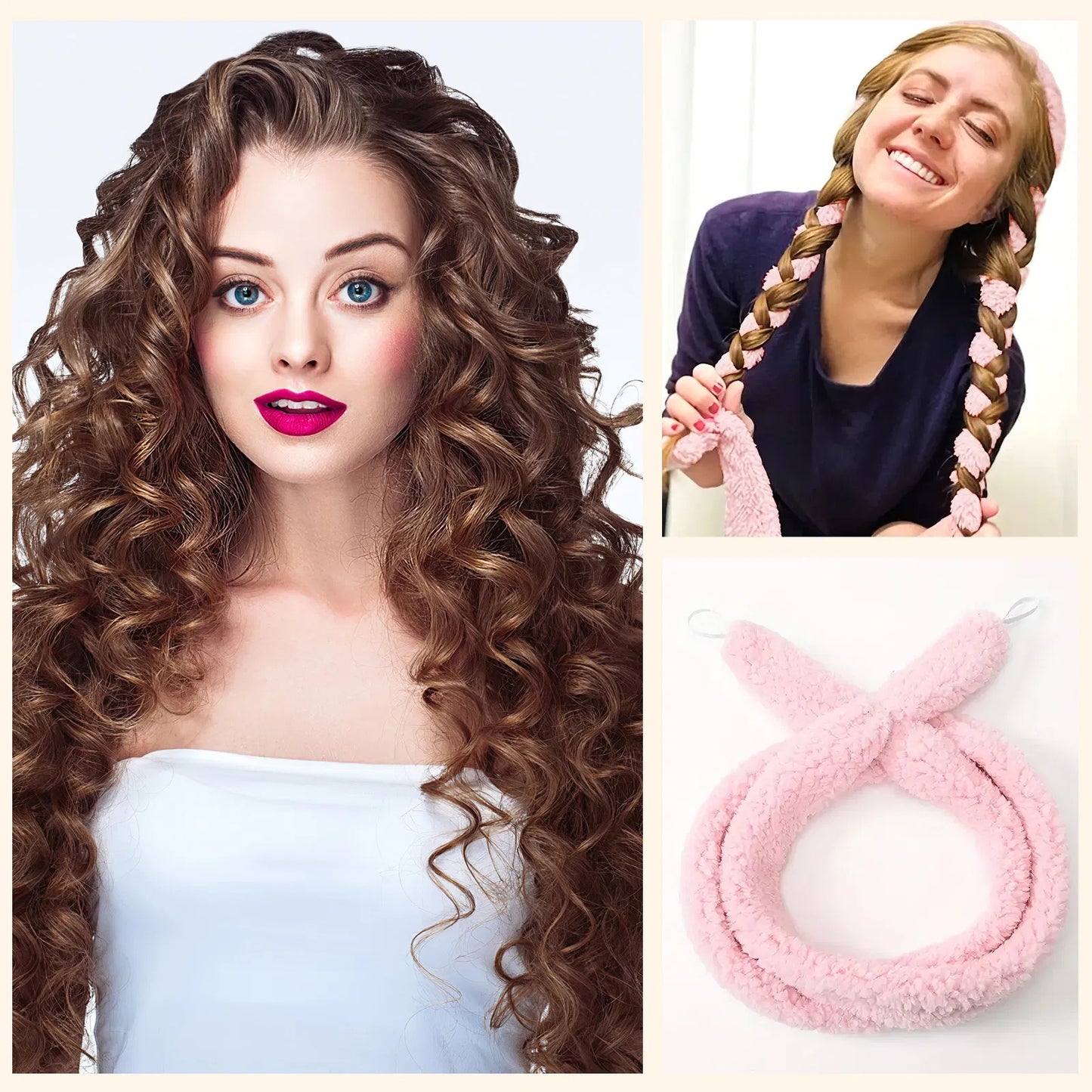 Satin Heatless Hair Curler, Lazy Natural Soft Wave DIY Heatless Curls For Sleep In Overnight, For All Hair Types - Pink