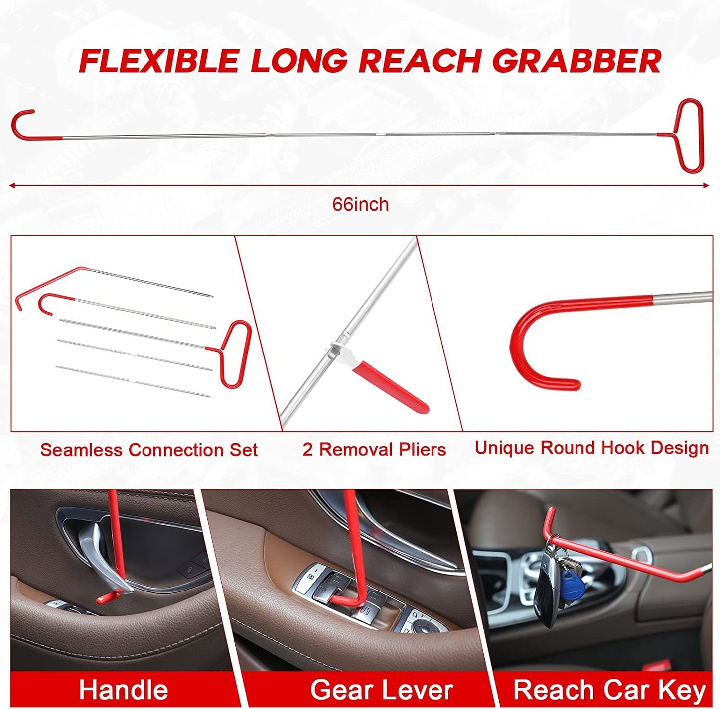 Stainless Steel Remote Hook Tool, Car Emergency Door Opening Tool Set, Oval Handle, Red Warping Piece Set, Wedge Airbag Wrench, Combination Tool
