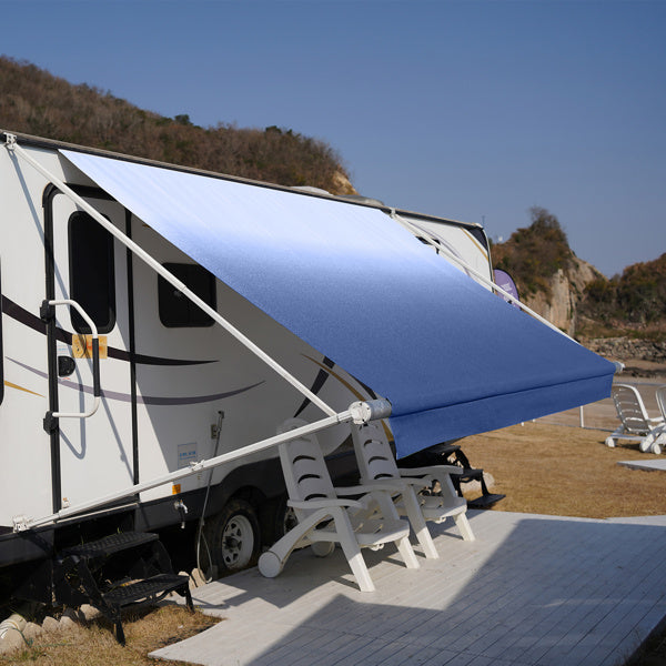 16 Foot Navy Blue And White Gradient Canopy, PVC RV Sunshade Canopy Fabric