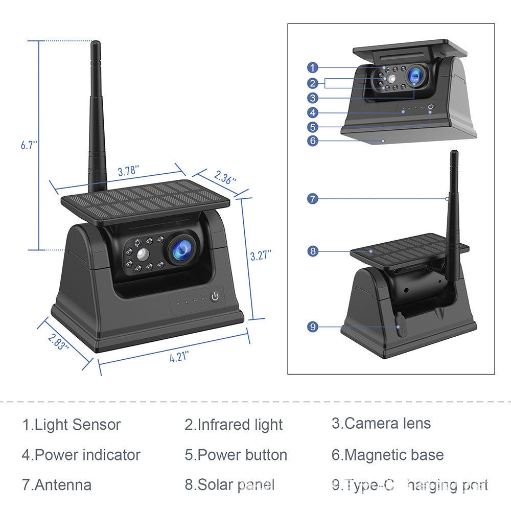 Caméra de charge solaire sans fil, système de surveillance d'image inversée avec aspiration magnétique