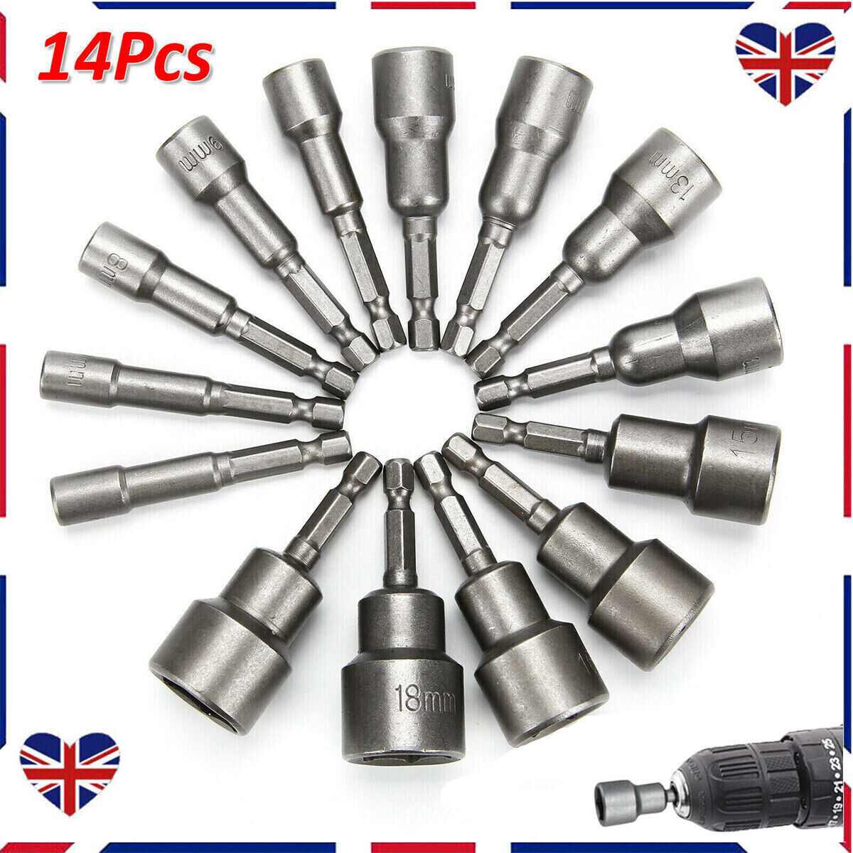 14 1-4 Nut Driver Bit Set Hex Magnetic Metric Socket Impact Drill 6 To 19MM UK