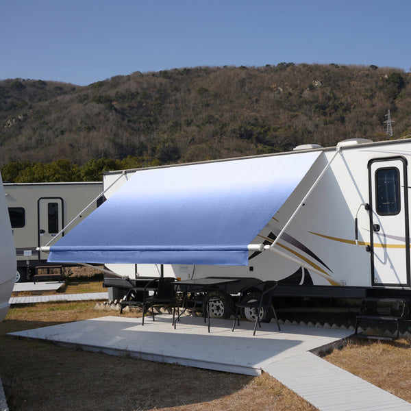 16 Foot Navy Blue And White Gradient Canopy, PVC RV Sunshade Canopy Fabric
