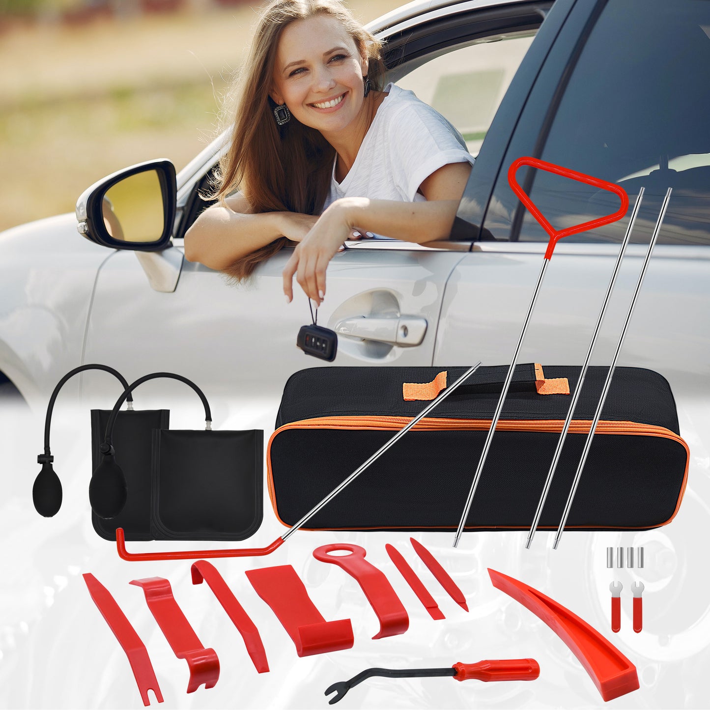 Stainless Steel Remote Hook Tool, Car Emergency Door Opening Tool Set, Oval Handle, Red Warping Piece Set, Wedge Airbag Wrench, Combination Tool