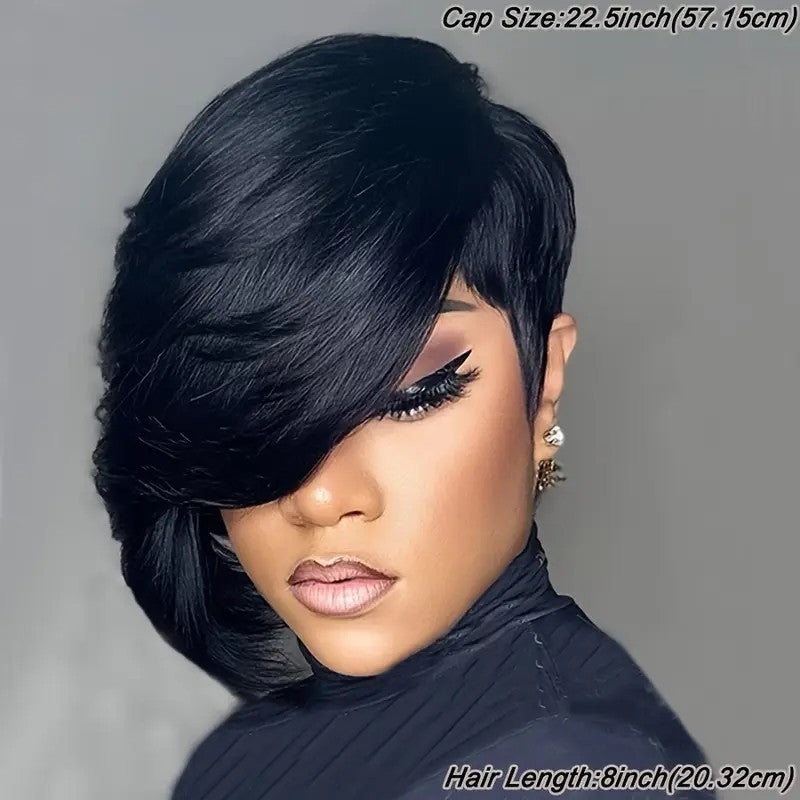 Straight Black Elegant 8 PixieCut Wig For Women -Glueless Human Hairwith Long Bangs, Everyday Style Wig L SleekShort Wig Wig Accessories