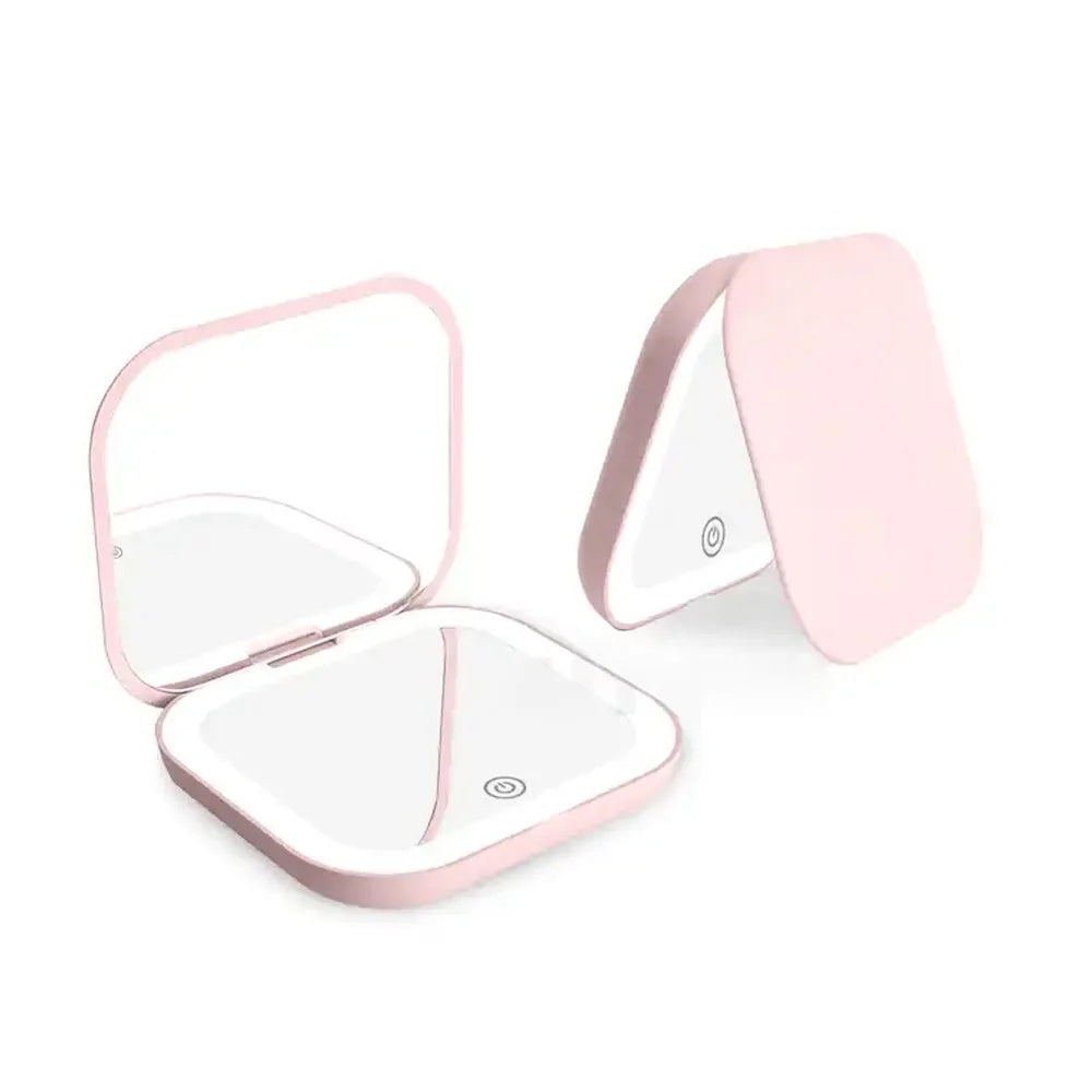 Pocet Makeup Mirror Touch Compact Led 3 Colors Mini Foldable Cosmetic Charge Makeup Mirror With Light Magnifying Small Pocket Travel