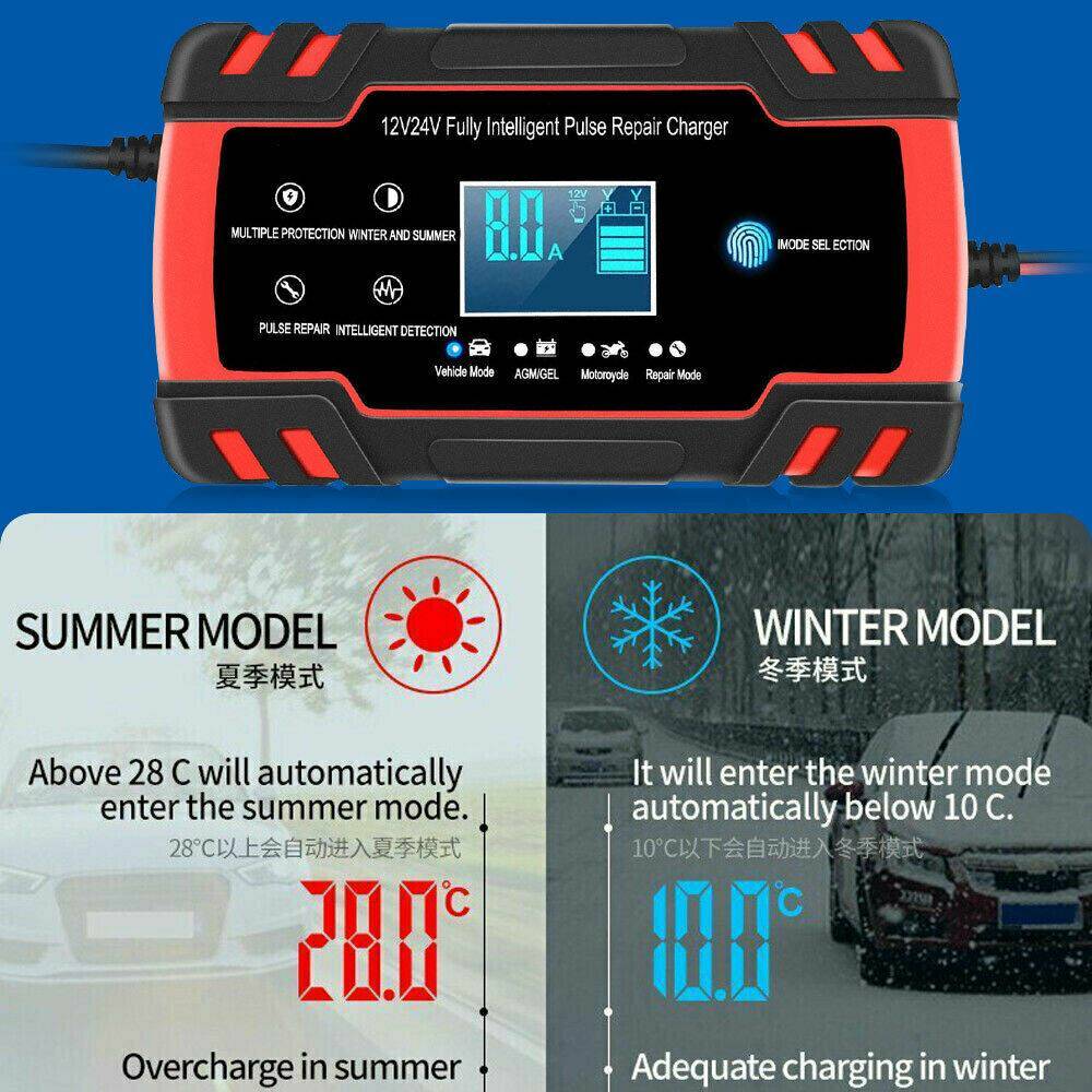 12V-24V Car Battery Charger Trickle Smart Pulse Repair Boat Caravan Motorcycle