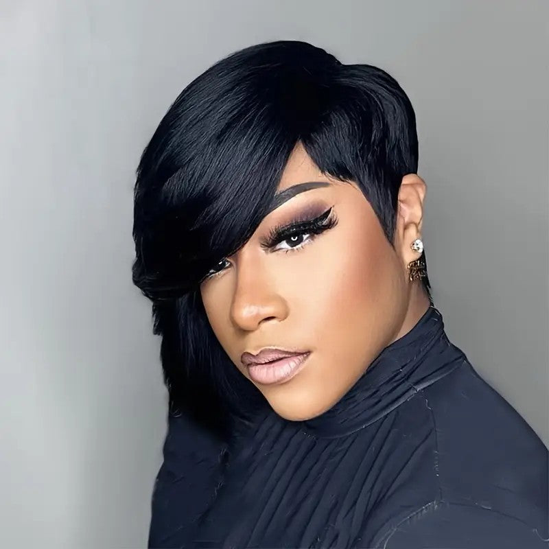 Straight Black Elegant 8 PixieCut Wig For Women -Glueless Human Hairwith Long Bangs, Everyday Style Wig L SleekShort Wig Wig Accessories
