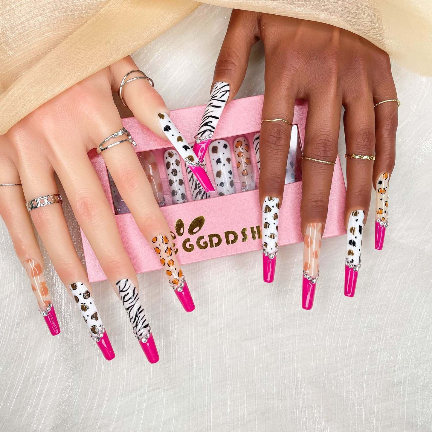 GGDDSHA Nails 10pcs Handmade Press On Nails -GlitterGold Diamond Extra Long Stiletto Reusable Gel UV FinishedFalse Nails, Designer Fashion 3D Hand-painted Nails ,Diamond Zebra
