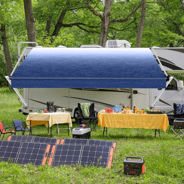16 Foot Navy Blue And White Gradient Canopy, PVC RV Sunshade Canopy Fabric