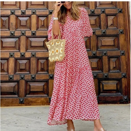 Robe d'été bohème imprimée vintage pour femmes, élégante, décontractée, ample, col en V, manches courtes, longues