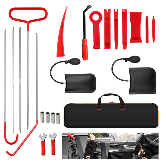 Stainless Steel Remote Hook Tool, Car Emergency Door Opening Tool Set, Oval Handle, Red Warping Piece Set, Wedge Airbag Wrench, Combination Tool